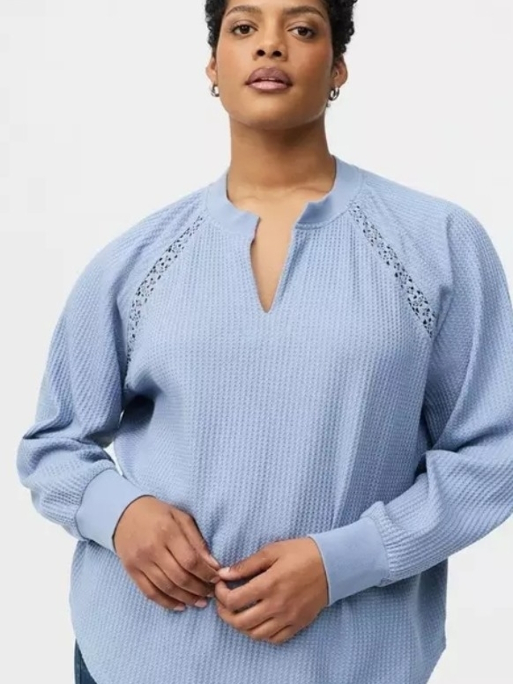 Torrid Light Blue Waffle Knit Crochet Inset Top Size 2